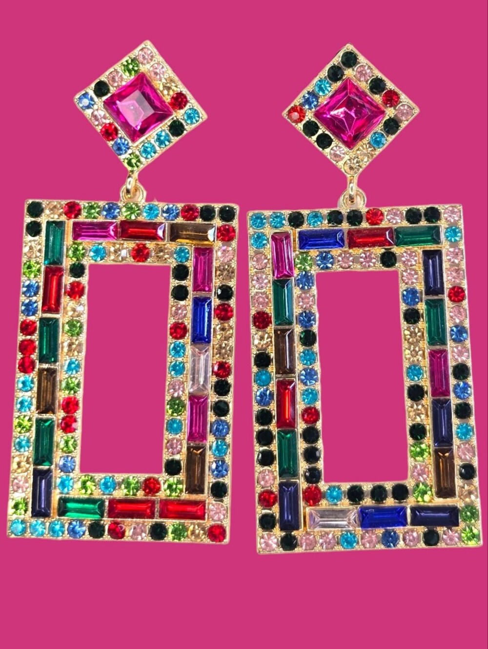 Colorful Rhinestone Rectangular Earrings - Picture 1 of 2